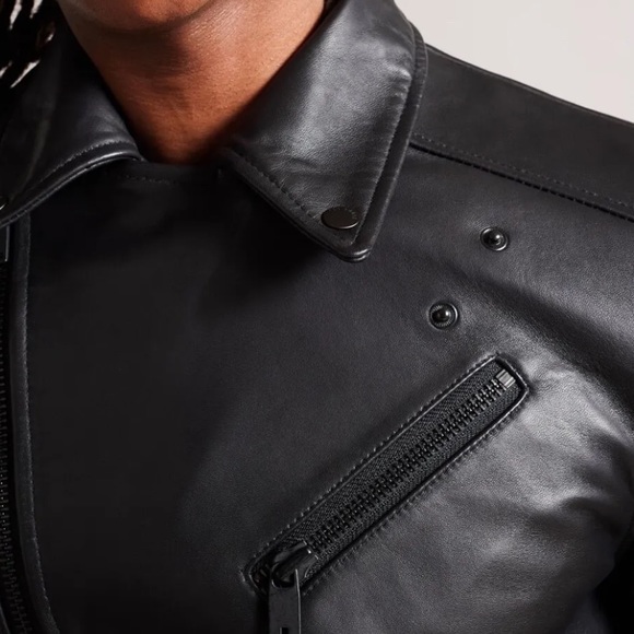 Brand NWT - Ted Baker Carve - Black Leather Biker Jacket - Size 4 (USA size L) - Picture 4 of 15
